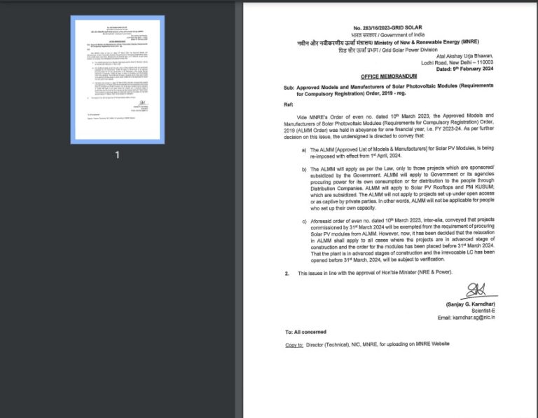 Ministry Reinstates Guidelines For Solar Module Procurement: ALMM Order To Resume In April 2024